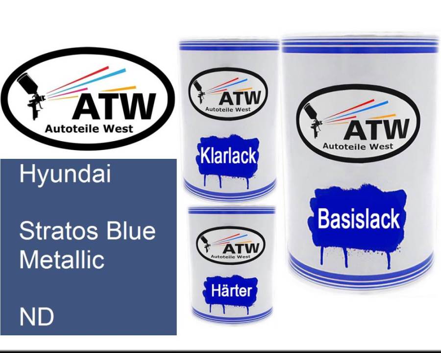 Hyundai, Stratos Blue Metallic, ND: 500ml Lackdose + 500ml Klarlack + 250ml Härter - Set, von ATW Autoteile West.